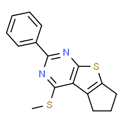 ChemSpider 2D Image | 4-(Methylsulfanyl)-2-phenyl-6,7-dihydro-5H-cyclopenta[4,5]thieno[2,3-d]pyrimidine | C16H14N2S2