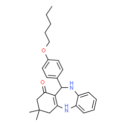 ChemSpider 2D Image | 3,3-Dimethyl-11-[4-(pentyloxy)phenyl]-2,3,4,5,10,11-hexahydro-1H-dibenzo[b,e][1,4]diazepin-1-one | C26H32N2O2