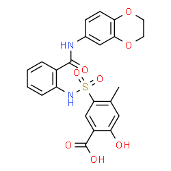 ChemSpider 2D Image | 5-{[2-(2,3-Dihydro-1,4-benzodioxin-6-ylcarbamoyl)phenyl]sulfamoyl}-2-hydroxy-4-methylbenzoic acid | C23H20N2O8S