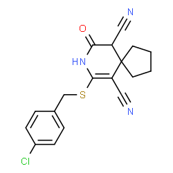 ChemSpider 2D Image | 7-[(4-Chlorobenzyl)sulfanyl]-9-oxo-8-azaspiro[4.5]dec-6-ene-6,10-dicarbonitrile | C18H16ClN3OS
