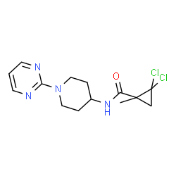 ChemSpider 2D Image | 2,2-Dichloro-1-methyl-N-[1-(2-pyrimidinyl)-4-piperidinyl]cyclopropanecarboxamide | C14H18Cl2N4O
