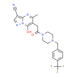 ChemSpider 2D Image | 7-Hydroxy-5-methyl-6-(2-oxo-2-{4-[4-(trifluoromethyl)benzyl]-1-piperazinyl}ethyl)pyrazolo[1,5-a]pyrimidine-3-carbonitrile | C22H21F3N6O2