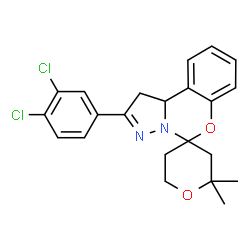 ChemSpider 2D Image | 2'-(3,4-Dichlorophenyl)-2,2-dimethyl-1',2,3,5,6,10b'-hexahydrospiro[pyran-4,5'-pyrazolo[1,5-c][1,3]benzoxazine] | C22H22Cl2N2O2