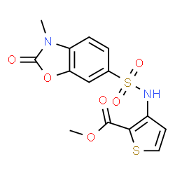 ChemSpider 2D Image | Methyl 3-{[(3-methyl-2-oxo-2,3-dihydro-1,3-benzoxazol-6-yl)sulfonyl]amino}-2-thiophenecarboxylate | C14H12N2O6S2
