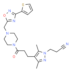 ChemSpider 2D Image | 3-{3,5-Dimethyl-4-[3-oxo-3-(4-{[3-(2-thienyl)-1,2,4-oxadiazol-5-yl]methyl}-1-piperazinyl)propyl]-1H-pyrazol-1-yl}propanenitrile | C22H27N7O2S