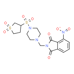 ChemSpider 2D Image | 2-({4-[(1,1-Dioxidotetrahydro-3-thiophenyl)sulfonyl]-1-piperazinyl}methyl)-4-nitro-1H-isoindole-1,3(2H)-dione | C17H20N4O8S2