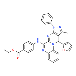 ChemSpider 2D Image | Ethyl 4-{[11-(2-furyl)-10-methyl-8-phenyl-8,11-dihydropyrazolo[3',4':4,5]pyrimido[1,2-a]quinoxalin-6-yl]amino}benzoate | C32H26N6O3