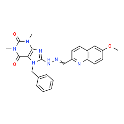 ChemSpider 2D Image | 7-Benzyl-8-{2-[(6-methoxy-2-quinolinyl)methylene]hydrazino}-1,3-dimethyl-3,7-dihydro-1H-purine-2,6-dione | C25H23N7O3