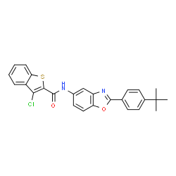 ChemSpider 2D Image | 3-Chloro-N-{2-[4-(2-methyl-2-propanyl)phenyl]-1,3-benzoxazol-5-yl}-1-benzothiophene-2-carboxamide | C26H21ClN2O2S