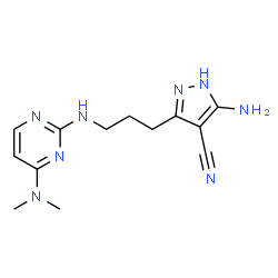 ChemSpider 2D Image | 5-Amino-3-(3-{[4-(dimethylamino)-2-pyrimidinyl]amino}propyl)-1H-pyrazole-4-carbonitrile | C13H18N8
