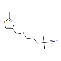 ChemSpider 2D Image | 2,2-Dimethyl-5-{[(2-methyl-1,3-thiazol-4-yl)methyl]sulfanyl}pentanenitrile | C12H18N2S2