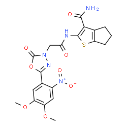 ChemSpider 2D Image | 2-({[5-(4,5-Dimethoxy-2-nitrophenyl)-2-oxo-1,3,4-oxadiazol-3(2H)-yl]acetyl}amino)-5,6-dihydro-4H-cyclopenta[b]thiophene-3-carboxamide | C20H19N5O8S
