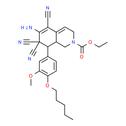 ChemSpider 2D Image | Ethyl 6-amino-5,7,7-tricyano-8-[3-methoxy-4-(pentyloxy)phenyl]-3,7,8,8a-tetrahydro-2(1H)-isoquinolinecarboxylate | C27H31N5O4