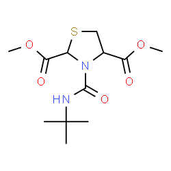 ChemSpider 2D Image | Dimethyl 3-[(2-methyl-2-propanyl)carbamoyl]-1,3-thiazolidine-2,4-dicarboxylate | C12H20N2O5S