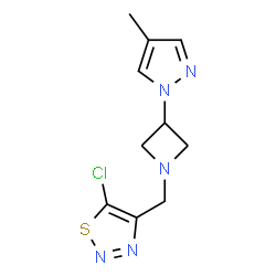 ChemSpider 2D Image | 5-Chloro-4-{[3-(4-methyl-1H-pyrazol-1-yl)-1-azetidinyl]methyl}-1,2,3-thiadiazole | C10H12ClN5S