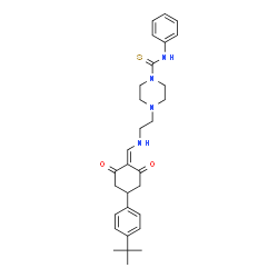 ChemSpider 2D Image | 4-{2-[({4-[4-(2-Methyl-2-propanyl)phenyl]-2,6-dioxocyclohexylidene}methyl)amino]ethyl}-N-phenyl-1-piperazinecarbothioamide | C30H38N4O2S