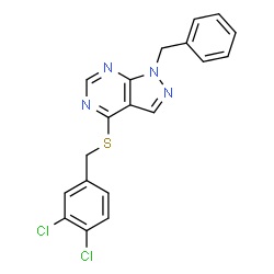 ChemSpider 2D Image | 1-Benzyl-4-[(3,4-dichlorobenzyl)sulfanyl]-1H-pyrazolo[3,4-d]pyrimidine | C19H14Cl2N4S