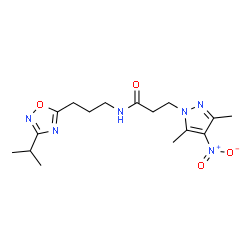 ChemSpider 2D Image | 3-(3,5-Dimethyl-4-nitro-1H-pyrazol-1-yl)-N-[3-(3-isopropyl-1,2,4-oxadiazol-5-yl)propyl]propanamide | C16H24N6O4