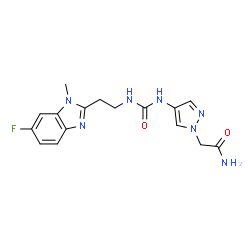 ChemSpider 2D Image | 2-[4-({[2-(6-Fluoro-1-methyl-1H-benzimidazol-2-yl)ethyl]carbamoyl}amino)-1H-pyrazol-1-yl]acetamide | C16H18FN7O2