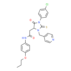 ChemSpider 2D Image | 2-[1-(4-Chlorophenyl)-5-oxo-3-(4-pyridinylmethyl)-2-thioxo-4-imidazolidinyl]-N-(4-propoxyphenyl)acetamide | C26H25ClN4O3S