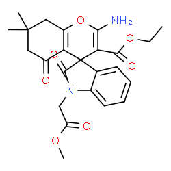 ChemSpider 2D Image | Ethyl 2-amino-1'-(2-methoxy-2-oxoethyl)-7,7-dimethyl-2',5-dioxo-1',2',5,6,7,8-hexahydrospiro[chromene-4,3'-indole]-3-carboxylate | C24H26N2O7