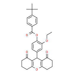 ChemSpider 2D Image | 4-(1,8-Dioxo-2,3,4,5,6,7,8,9-octahydro-1H-xanthen-9-yl)-2-ethoxyphenyl 4-(2-methyl-2-propanyl)benzoate | C32H34O6