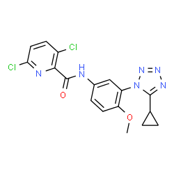 ChemSpider 2D Image | 3,6-Dichloro-N-[3-(5-cyclopropyl-1H-tetrazol-1-yl)-4-methoxyphenyl]-2-pyridinecarboxamide | C17H14Cl2N6O2