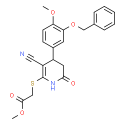 ChemSpider 2D Image | Methyl ({4-[3-(benzyloxy)-4-methoxyphenyl]-3-cyano-6-oxo-1,4,5,6-tetrahydro-2-pyridinyl}sulfanyl)acetate | C23H22N2O5S