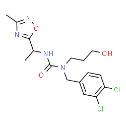 ChemSpider 2D Image | 1-(3,4-Dichlorobenzyl)-1-(3-hydroxypropyl)-3-[1-(3-methyl-1,2,4-oxadiazol-5-yl)ethyl]urea | C16H20Cl2N4O3