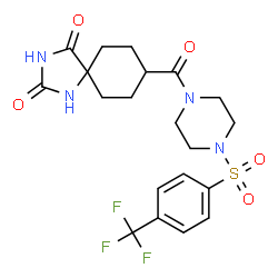 ChemSpider 2D Image | 8-[(4-{[4-(Trifluoromethyl)phenyl]sulfonyl}-1-piperazinyl)carbonyl]-1,3-diazaspiro[4.5]decane-2,4-dione | C20H23F3N4O5S