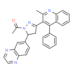 ChemSpider 2D Image | 1-[3-(2-Methyl-4-phenyl-3-quinolinyl)-5-(6-quinoxalinyl)-4,5-dihydro-1H-pyrazol-1-yl]ethanone | C29H23N5O