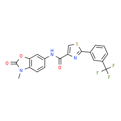 ChemSpider 2D Image | N-(3-Methyl-2-oxo-2,3-dihydro-1,3-benzoxazol-6-yl)-2-[3-(trifluoromethyl)phenyl]-1,3-thiazole-4-carboxamide | C19H12F3N3O3S