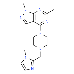 ChemSpider 2D Image | 1,6-Dimethyl-4-{4-[(1-methyl-1H-imidazol-2-yl)methyl]-1-piperazinyl}-1H-pyrazolo[3,4-d]pyrimidine | C16H22N8