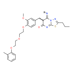 ChemSpider 2D Image | (5E)-5-Imino-6-(3-methoxy-4-{2-[2-(2-methylphenoxy)ethoxy]ethoxy}benzylidene)-2-propyl-5,6-dihydro-7H-[1,3,4]thiadiazolo[3,2-a]pyrimidin-7-one | C27H30N4O5S