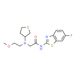 ChemSpider 2D Image | N-(6-Fluoro-1,3-benzothiazol-2-yl)-N~2~-(2-methoxyethyl)-N~2~-(tetrahydro-3-thiophenyl)glycinamide | C16H20FN3O2S2