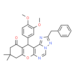 ChemSpider 2D Image | 2-Benzyl-12-(3,4-dimethoxyphenyl)-9,9-dimethyl-8,9,10,12-tetrahydro-11H-chromeno[3,2-e][1,2,4]triazolo[1,5-c]pyrimidin-11-one | C29H28N4O4