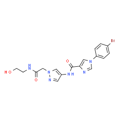 ChemSpider 2D Image | 1-(4-Bromophenyl)-N-(1-{2-[(2-hydroxyethyl)amino]-2-oxoethyl}-1H-pyrazol-4-yl)-1H-imidazole-4-carboxamide | C17H17BrN6O3