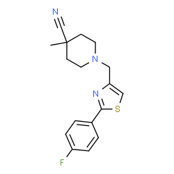 ChemSpider 2D Image | 1-{[2-(4-Fluorophenyl)-1,3-thiazol-4-yl]methyl}-4-methyl-4-piperidinecarbonitrile | C17H18FN3S