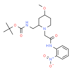 ChemSpider 2D Image | 2-Methyl-2-propanyl [(4-methoxy-1-{2-[(2-nitrophenyl)amino]-2-oxoethyl}-2-piperidinyl)methyl]carbamate | C20H30N4O6