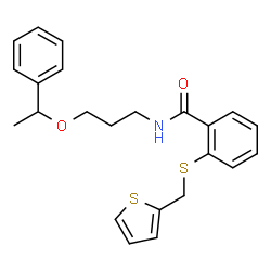 ChemSpider 2D Image | N-[3-(1-Phenylethoxy)propyl]-2-[(2-thienylmethyl)sulfanyl]benzamide | C23H25NO2S2