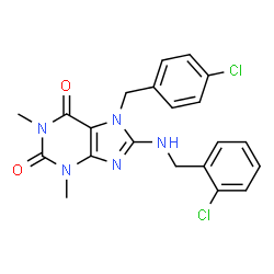 ChemSpider 2D Image | 7-(4-Chlorobenzyl)-8-[(2-chlorobenzyl)amino]-1,3-dimethyl-3,7-dihydro-1H-purine-2,6-dione | C21H19Cl2N5O2