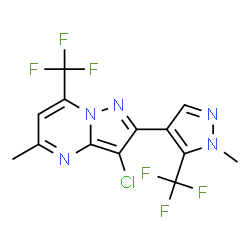 ChemSpider 2D Image | 3-Chloro-5-methyl-2-[1-methyl-5-(trifluoromethyl)-1H-pyrazol-4-yl]-7-(trifluoromethyl)pyrazolo[1,5-a]pyrimidine | C13H8ClF6N5