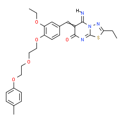 ChemSpider 2D Image | (5E)-6-(3-Ethoxy-4-{2-[2-(4-methylphenoxy)ethoxy]ethoxy}benzylidene)-2-ethyl-5-imino-5,6-dihydro-7H-[1,3,4]thiadiazolo[3,2-a]pyrimidin-7-one | C27H30N4O5S