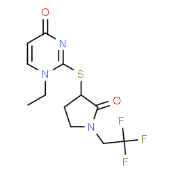 ChemSpider 2D Image | 1-Ethyl-2-{[2-oxo-1-(2,2,2-trifluoroethyl)-3-pyrrolidinyl]sulfanyl}-4(1H)-pyrimidinone | C12H14F3N3O2S