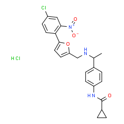 ChemSpider 2D Image | N-{4-[1-({[5-(4-Chloro-2-nitrophenyl)-2-furyl]methyl}amino)ethyl]phenyl}cyclopropanecarboxamide hydrochloride (1:1) | C23H23Cl2N3O4