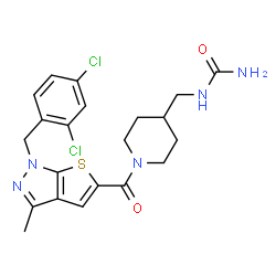 ChemSpider 2D Image | 1-[(1-{[1-(2,4-Dichlorobenzyl)-3-methyl-1H-thieno[2,3-c]pyrazol-5-yl]carbonyl}-4-piperidinyl)methyl]urea | C21H23Cl2N5O2S
