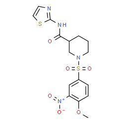 ChemSpider 2D Image | 1-[(4-Methoxy-3-nitrophenyl)sulfonyl]-N-(1,3-thiazol-2-yl)-3-piperidinecarboxamide | C16H18N4O6S2