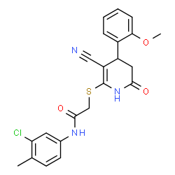 ChemSpider 2D Image | N-(3-Chloro-4-methylphenyl)-2-{[3-cyano-4-(2-methoxyphenyl)-6-oxo-1,4,5,6-tetrahydro-2-pyridinyl]sulfanyl}acetamide | C22H20ClN3O3S