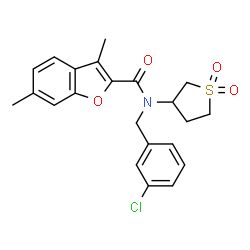 ChemSpider 2D Image | N-(3-Chlorobenzyl)-N-(1,1-dioxidotetrahydro-3-thiophenyl)-3,6-dimethyl-1-benzofuran-2-carboxamide | C22H22ClNO4S