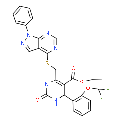 ChemSpider 2D Image | Ethyl 4-[2-(difluoromethoxy)phenyl]-2-oxo-6-{[(1-phenyl-1H-pyrazolo[3,4-d]pyrimidin-4-yl)sulfanyl]methyl}-1,2,3,4-tetrahydro-5-pyrimidinecarboxylate | C26H22F2N6O4S